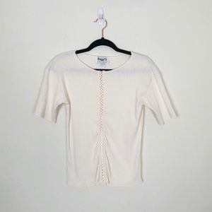 Vintage Cream Sheer Ribbon Lace Up Tee